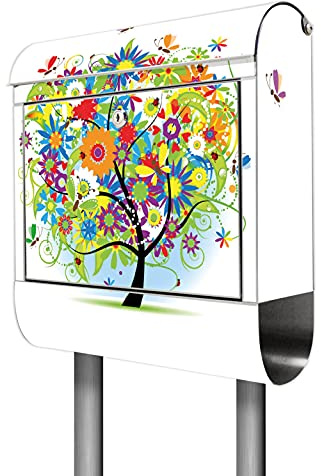banjado® Standbriefkasten Edelstahl mit Zeitungsfach Motiv Märchenzauberbaum/Briefkasten mit Standfuß/Edelstahl Briefkasten freistehend - A4 Einwurf inkl. 2 Schlüssel