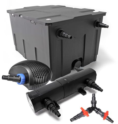 SunSun Kit complet: CBF-550 Filtre de bassin jusqu'à 60000 L Biologique, CTF-8000 SuperECO pompe de filtration 8000l/h 70W, CUV-224 lampe uv UVC Clarificateur avec 24W, Y-distributeur