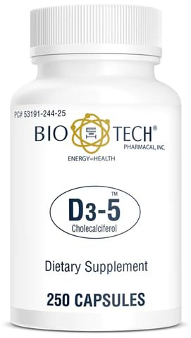 Bio-Tech Pharmacal D3-5 (5000 IU), 250 Capsules – All-Natural Supplement – Supports Bone & Immune Health – No Dairy, Fish, Gluten, Peanut, Shellfish, & Soy – No Artificial Colors
