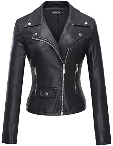 Tanming Women's Faux Leather Moto Biker Short Coat Jacket (Black-XL)