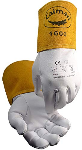 Caiman Premium Goat Grain TIG Welding Gloves, 4-Inch Gold Extended Cuff, Unlined, White/Gold, Medium (1600-4)
