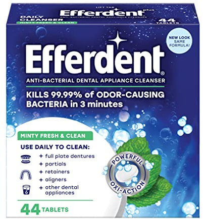Efferdent Plus Mint Anti-Bacterial Denture Cleanser | 44 tablets | Actively Cleans Between Dentures | Packaging May Vary