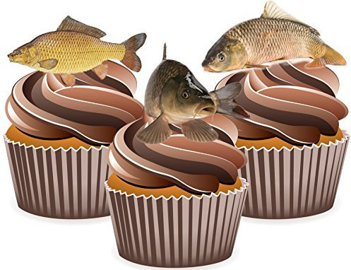 AK Giftshop PRE-CUT Fishing Carp Cake Decorations - Edible Cup Cake Toppers (Pack of 36)