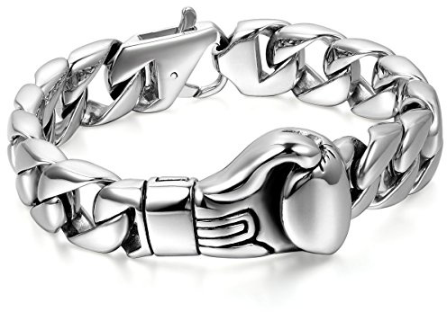 JewelryWe Fathers Day Gift Mens Stainless Steel Boxing Glove Link Bracelet Silver Polished