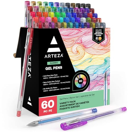 ARTEZA Gel Pens, Set of 60 – Fine Point Colored Ink Pens for Journaling, Adult Coloring, Note-Taking & Decorative Writing, Variety of Finishes