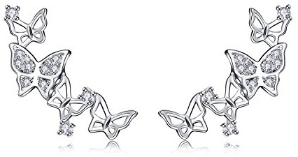 QUKE 925 Sterling Silber Zirkonia Kristall 3D Schmetterling Design Ear Cuff Braut Ohrstecker Ohrringe