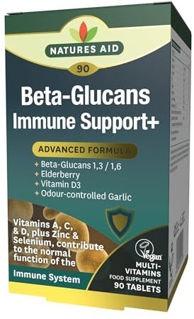 Natures Aid Beta Glucans Immune Support Supplement - Vitamin C, D3, A, Zinc, Selenium, Garlic & Elderberry - Immune System Support for Adults - Vegan, Gluten Free, Non-GMO - 90 Tablets