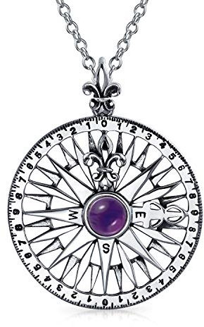 Collier Unisexe En Argent Sterling Avec Pendentif Boussole Fleur De Lys En Forme De Médaillon Rond De Navigation Pour La Remise Des Diplômes. Violette En Améthyste Simulée Cz Oxydée En Argent Sterling
