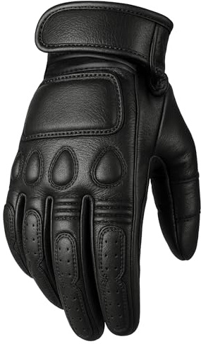 Jackets 4 Bikes Motorcycle Gloves - Goatskin Leather, Touchscreen, Classic Vintage Design for Men Women, Anti-Slip Protective Motorbike Cruiser Biker Glove Black M