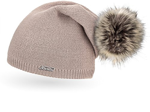 Neverless® außergewöhnliche Damen Strickmütze mit Fell-Bommel, Strick-Beanie Dunkel-beige Unisize