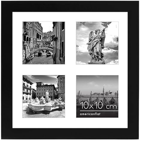 Americanflat Portafoto da Parete Multiplo da 25x25 cm, Nero - Per Esporre Quattro Foto da 10x10 cm in Orizzontale o in Verticale - Porta Foto Multiple da Parete e da Tavolo in Vetro Infrangibile