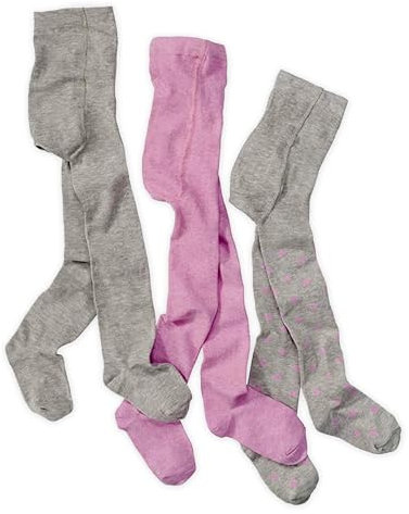 wellyou – Kinder Strumpfhosen Mädchen – 3er Set Baby-Strumpfhosen in Rosa Uni, Grau Uni & gepunktet – Baumwollstrumpfhosen aus Ökotex zertifizierten Materialien (gr 98-104 | 3-4 Jahre)