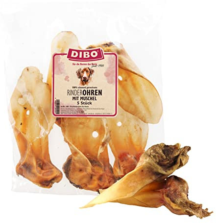 DIBO Rinderohren mit Muschel, 5er-Beutel, der kleine Naturkau-Snack oder Leckerli für Zwischendurch, Hundefutter, Qualitätskauartikel ohne Chemie