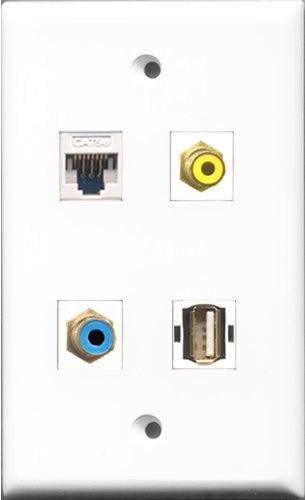 RiteAV 1 Port RCA Yellow and 1 Port RCA Blue and 1 Port USB A-A and 1 Port Cat5e Ethernet White Wall Plate Color Blanco Adaptador de Cable