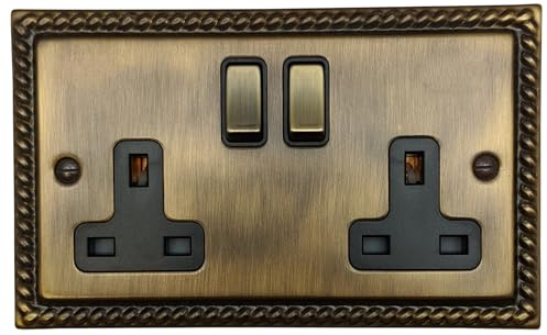 G&H Brassware MAB310 Georgian Antique Brass Double Socket with Matching Metal Rocker 13A
