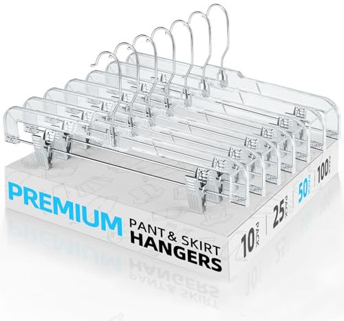 HOUSE DAY 50 Pack 14 inch Clear Plastic Pants Hangers with Clips, Skirt Hangers, Clip Hangers for Pants, Trouser Bulk Plastic Pant Hangers