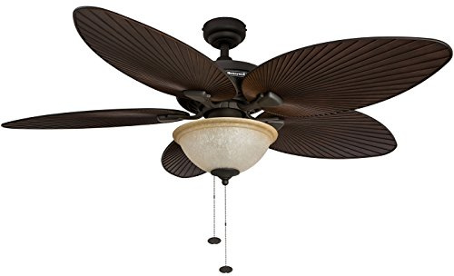 Honeywell Ceiling Fans Palm Island 52 Inch Ceiling Fan With Light, Indoor/Outdoor Ceiling Fan with Pull Chain, Tropical LED Dual-Mount 5 Palm Leaf Blade Design, ETL Damp Rated, Bronze (50202-01)