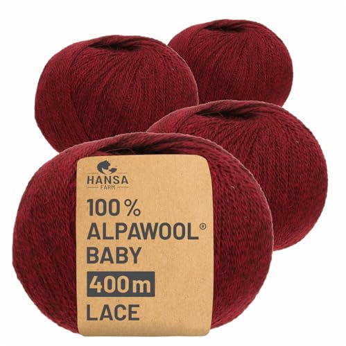 HANSA-FARM | 100% Baby Alpakawolle in 50+ Farben (kratzfrei) - 200g Set (4 x 50g) - weiche Alpaka Wolle zum Stricken & Häkeln in 6 Garnstärken by Hansa-Farm - Weinrot Heather (Dunkel-Rot)
