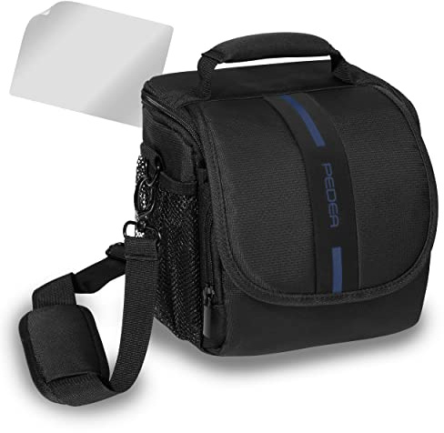 PEDEA DSLR-Kameratasche Essex mit Displayschutzfolie für Olympus E-M5 Mark II Pen E-PL8 E-PL9 / Canon EOS M50 / Nikon D5600 D7500 / Panasonic G9 G70 G81 GX8 / Fujifilm X-T3 X-T100, M schwarz/blau