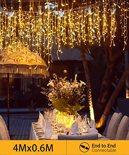 Quntis Tenda Luminosa Esterno 144 Led, 4x0,6M Prolungabile Luci Cascata Natale, Tenda Luci Natale Esterno con 8 Modalità Impermeabile per Balcone, Tetto, Finestra, Giardino - Bianco Caldo