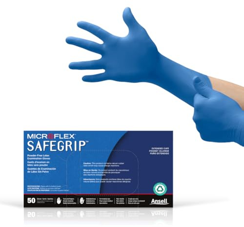 Microflex SafeGrip Latex Handschuh, puderfrei, lange Stulpe, 29,5 cm Länge, 11 Mil Dick, Medium, blau, 50