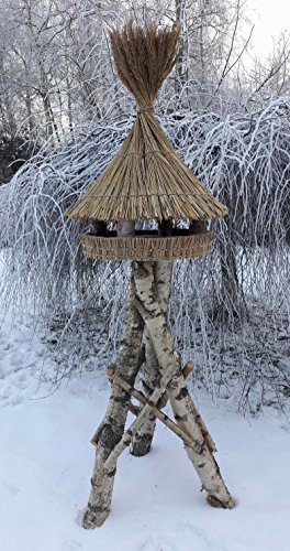 Vogelfutterhaus mit Reetdach, Tippi - Haus mittel, incl. Birkenständer mittel - schwer