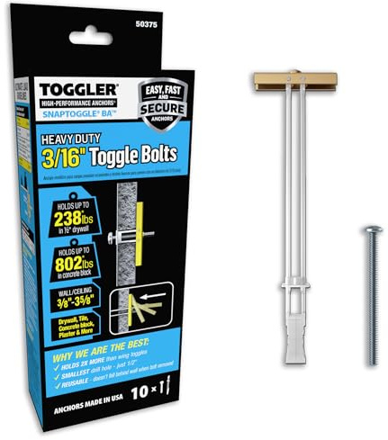 TOGGLER SNAPTOGGLE Heavy-Duty Drywall Toggle Bolt – 3/16-24 UNC Zinc-Plated Anchor for Hollow Walls, Plaster & Tile – Holds 238 lbs in 1/2 Drywall, Easy Install – 10 Pack (with Bolts)