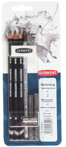 Derwent 0700663 Sketching Bleistift mit Radierer und Anspitzer, 6 Stück