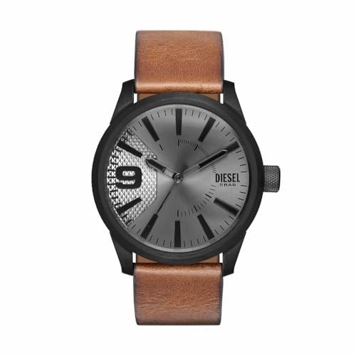 Diesel Reloj RASP para hombre, Movimiento de cuarzo a tres agujas con correa de silicona, acero inoxidable o piel, Marrón y negro, 46 mm