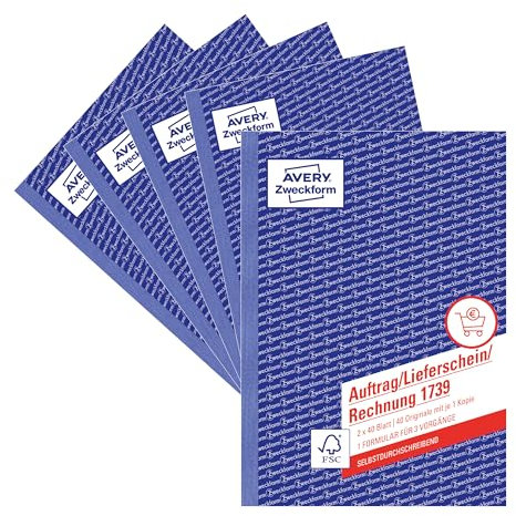 AVERY Zweckform 1739-5 Auftrag/Lieferschein/Rechnung Kombinationsbuch (A5, 2x40 Blatt, selbstdurchschreibend mit farbigem Durchschlag, mit Unterschriftenfeld für Auftraggeber) 5er Pack, weiß/gelb