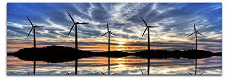 Paul Sinus Art Panoramabild auf Leinwand und Keilrahmen 150x50cm Windräder Wasser Hügel Sonnenuntergang