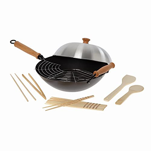 Honey Can Do Joyce Chen Professional Series 14-Inch 10-Piece Wok Set, Includes Carbon Steel Nonstick Wok Pan with Lid and Maple Handles, Tempura Rack, Utensils, and Recipe Book
