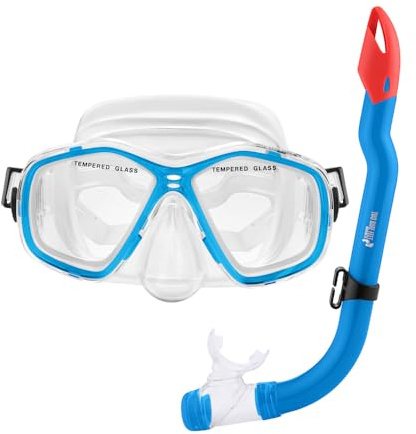 Two Bare Feet Snorkel and Mask PVC Diving Set – (Kids) Snorkeling Gear with Anti-Leak Design, Comfortable Fit, Clear Vision Lens, and Adjustable Straps for Diving, Swimming & Watersports (Aqua)