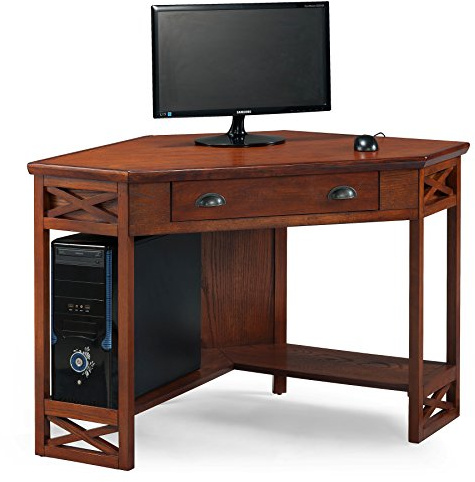 Leick Home 82431 Corner Computer Writing Desk with Drop Front Keyboard Drawer, Oak