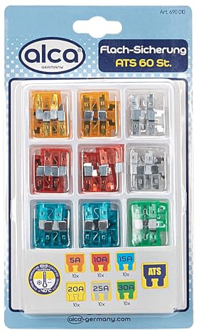 alca® Flachsicherungen-Set 5-30 A zu 60 St. in einer Box für Fahrzeuge | Nennspannung DC 32 V nach Standard SAE J1284, Industrie-Farbcodierung, Jeweils zehn Stück pro Ampere-Wert, Polycarbonat