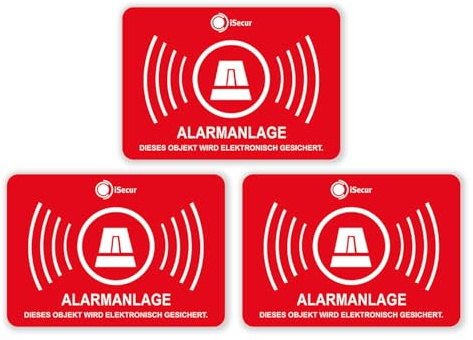 iSecur 4er Set Alarmanlage Aufkleber 7 x 5 cm innenklebend - hin121 | Achtung Gebäude Objekt ist alarm-gesichert, innenklebend für Fenster Scheibe Tür, Druck von außen sichtbar, UV-beständig
