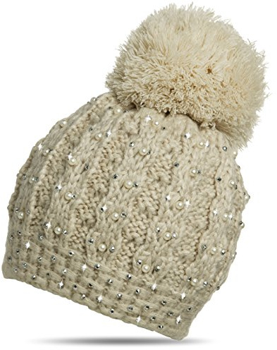 Caspar MU106 Damen Winter Mütze Bommelmütze mit Perlen und Glitzer Strass