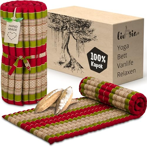 livasia Rollmatte Rollmatratze M schmal Einzelbett - 200x75x4,5cm - Gästebett Gästematratze 1 Person mit Muster, Reisebett Kofferraum outdoor, Thaimatte Kapok Garten handgefertigt (Rot/Grün)