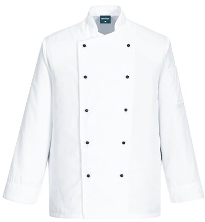 Portwest C834 Veste de cuisine Somerset Lavable en Machine à 60°C Col Mao | Blanc, 3XL, Tissu Sergé Résistant, Poche sur Manche, 1 Poche, Ventilation du Poignet, Boutons Détachables Pouvant Être, Mixte