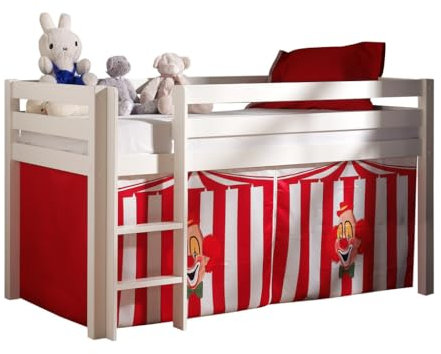 VIPACK PICOHSZG1472 Spielbett Pino mit Textilset Zirkus, Maße 210 x 114 x 106 cm, Liegefläche 90 x 200 cm, Kiefer massiv weiß lackiert