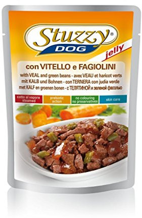 Stuzzy Dog Jelly Kalb & Bohnen, Hundefutter nass in Gelee, 24 Beutel x 100 g