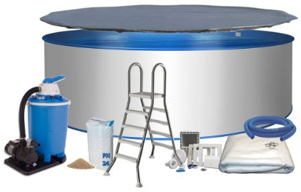 Pool Deluxe forma rotonda Ø 5 m x 1,2 m da parete in acciaio inox 0,6 mm Schermo blu 0,8 mm cuneo biese Telone scaletta in acciaio inox 2 X 4 gradini con piattaforma protezione pavimento in tessuto non tessuto Telone Filtro a sabbia Flow 7 con 7,0 m³/h quarzo Filtro Sabbia 25 kg Skimmer e del tubo di collegamento set