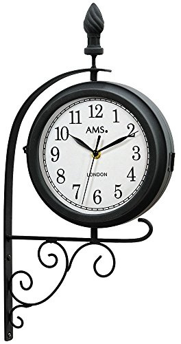 AMS 9433 Garten-Metalluhr Wanduhr Quartzwerk, Uhr doppelseitig und drehbar RETRO Look Vintage Antik Design, wetterfestes Metallgehäuse