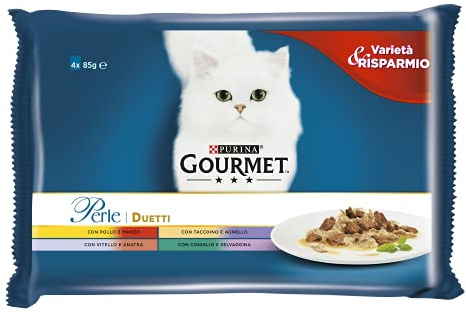 GOURMET Perle Duetti Cibo Umido per Gatti Adulti Filettini con Manzo e Pollo, Tacchino e Agnello, Vitello e Anatra & Coniglio e Selvaggina 48 Buste da 85g