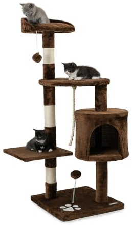 lionto Klösträd för katter med 2 plyschbollar & leksnöre, höjd 112 cm, kattträd med sisalsnöre & plysch, mysig liggyta & koja, inkl. väggfäste, för små & stora katter, brun