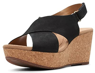 Clarks womens Annadel Eirwyn Wedge Sandal, Black Nubuck, 7.5 Wide US