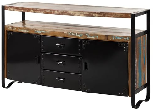 MASSIVMOEBEL24.DE | Industrial massives Sideboard - Mehrfarbig lackiert Altholz 2 Türen - 3 Schubladen - 2 Regalbretter 150x43x90 Kommode Tv-Sideboard Wohnzimmer-Schrank