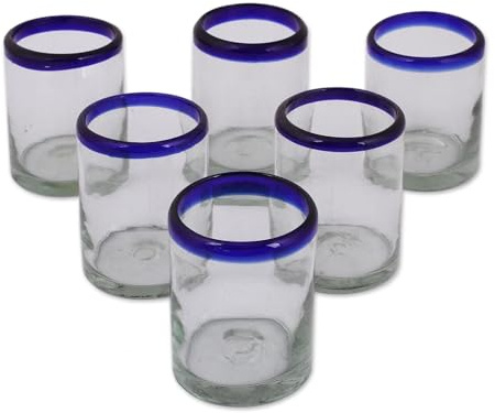 NOVICA Hand Blown Glass Tumbler | Handmade Recycled Glass | Artisan Crafted | Juice Drinking | Blue Rim | Dishwasher Safe | Mexican Glassware | 10 Oz. 'Cobalt' (Set of 6) | Dimension 3.9In H X 3.2In