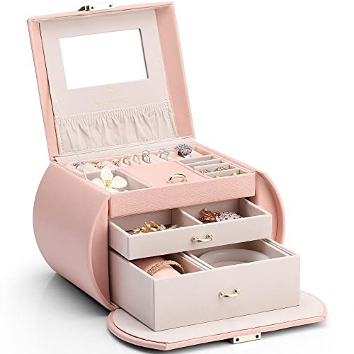Vlando Jewellery Box for Girls, 3 Layers Leather Jewelry Storage box with Mirror & Removable Pillow for Rings Bracelets Earrings Necklaces Gift Choice Christmas New Year Thanksgiving (Peach Pink)