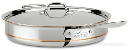 All-Clad Copper Core 5-Ply Stainless Steel Sauté Pan with Steel Lid 6 Quart Induction Oven Broiler Safe 600F Pots and Pans, Cookware Silver
